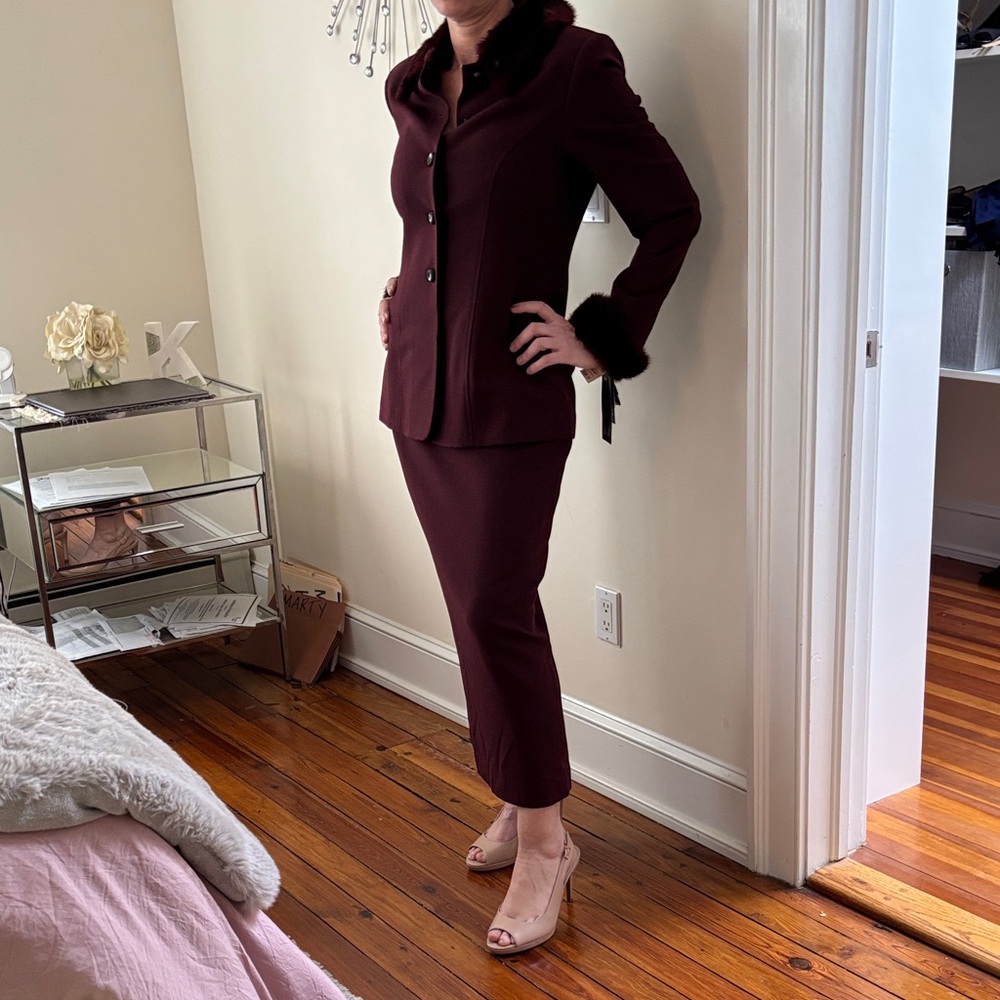 Women's Maroon Two-Piece Skirt Suit with Faux Fur Trim